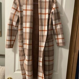 Plaid Longline Coat in Orange, Brown and Cream